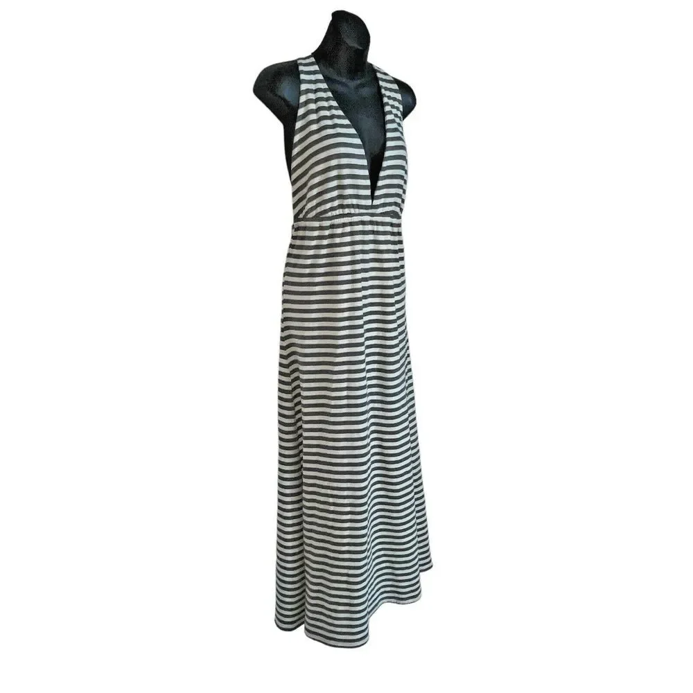Lover + Friends Striped Grey Cream‎ Jersey Halter Maxi Long Dress Size Large